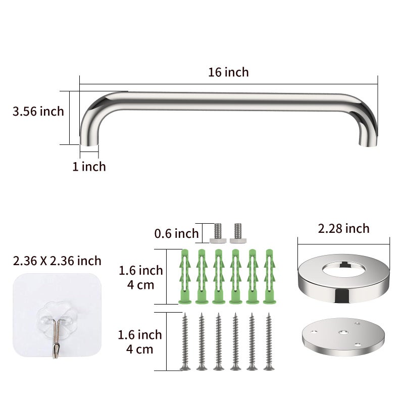 ZUEXT 16 Inch Stainless Steel Shower Grab Bar, ZUEXT Chrome Shower Handle, Bathroom Balance Bar, Safety Hand Rail Support Bar for Handicap Elderly Injury, Senior Assist Bath Tub Wall Concealed Mount Handle - Image 2